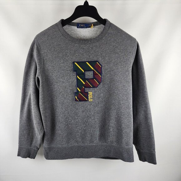 Polo Ralph Lauren Sweatshirt Mens Large Gray Fleece Letterman Crewneck 